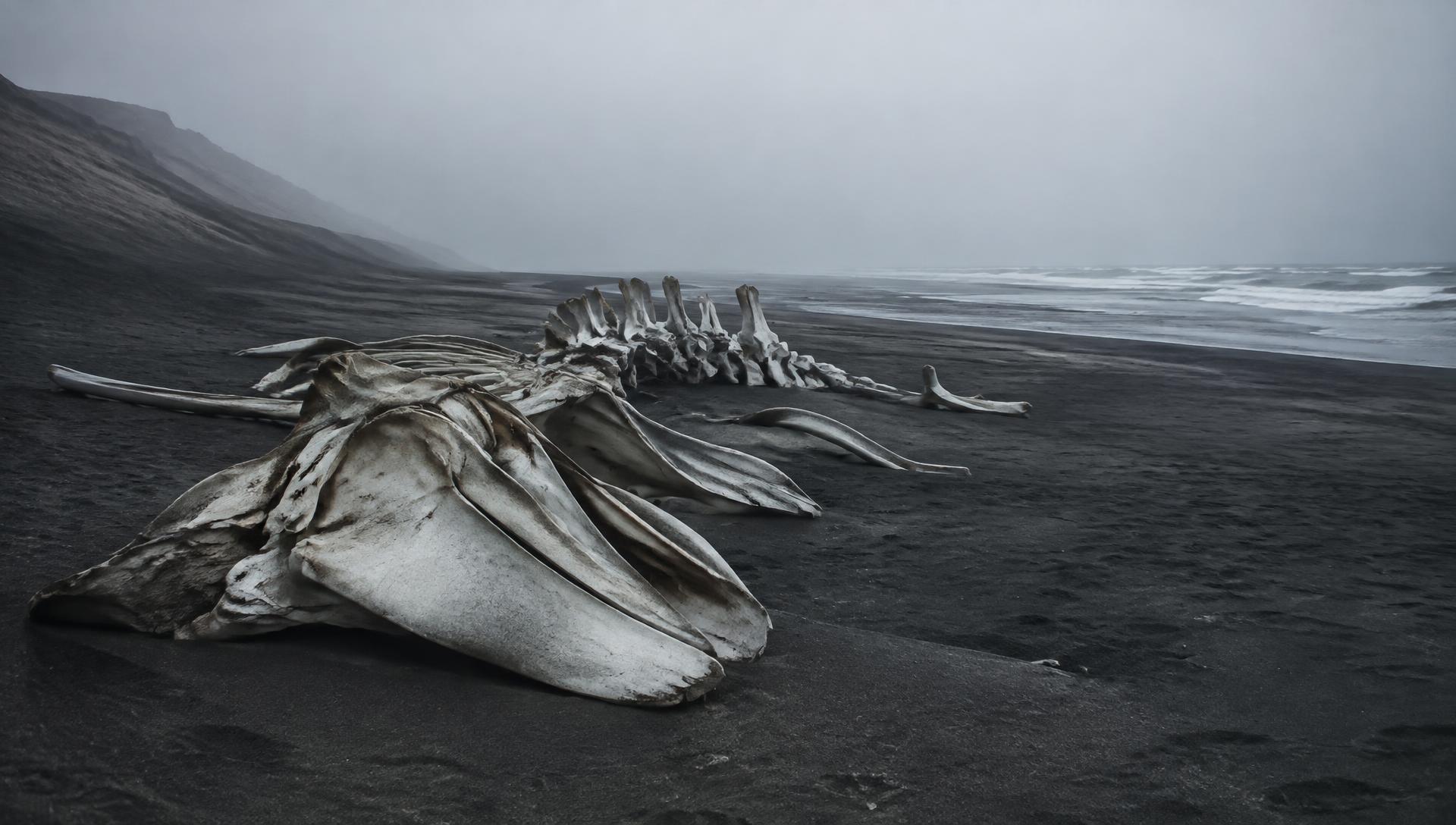 Whale skeleton on the misty Skeleton Coast
